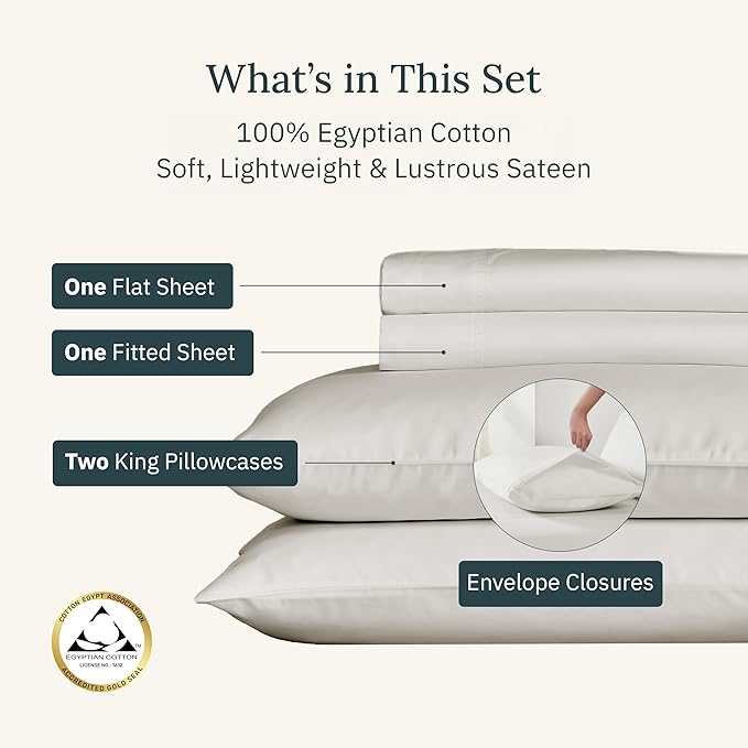 California Design Den Certified Luxury 100% Egyptian Cotton Sheets California King Size Set - Soft Sateen, Deep Pockets, Cool and Durable Bedding Sheets & Pillowcases Set - Creamy Ivory