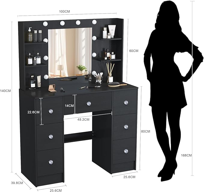 JBLCC Black Vanity Desk with Mirror and Lights, 39.4''W Makeup Vanity with 3-Color Lighted Mirror, 7 Drawers & Open Shelves, Big Vanity Table for Bedroom, Girls & Women