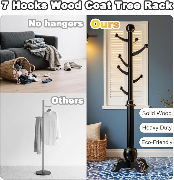 Hall Tree, Freestanding Wood Tree Rack with 7 Hooks, Coat Rack with Stable Sphere Base, Wooden Coat Rack Stand, Load 210 lb, Coat Hanger Stand for Entryway, Hallway, Bedroom (Black)