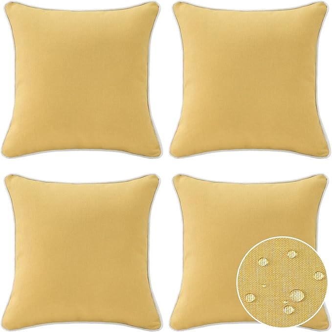 Decorative Outdoor Water Repellent Throw Pillows with Inserts, Set of 4, 18" x18" Pillows for Patio, Backyard, Bed, Couch, and Patio Furniture, Yellow