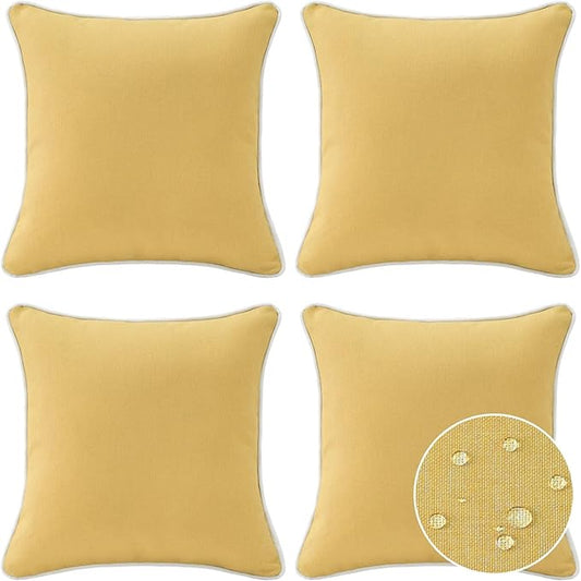 Decorative Outdoor Water Repellent Throw Pillows with Inserts, Set of 4, 18" x18" Pillows for Patio, Backyard, Bed, Couch, and Patio Furniture, Yellow