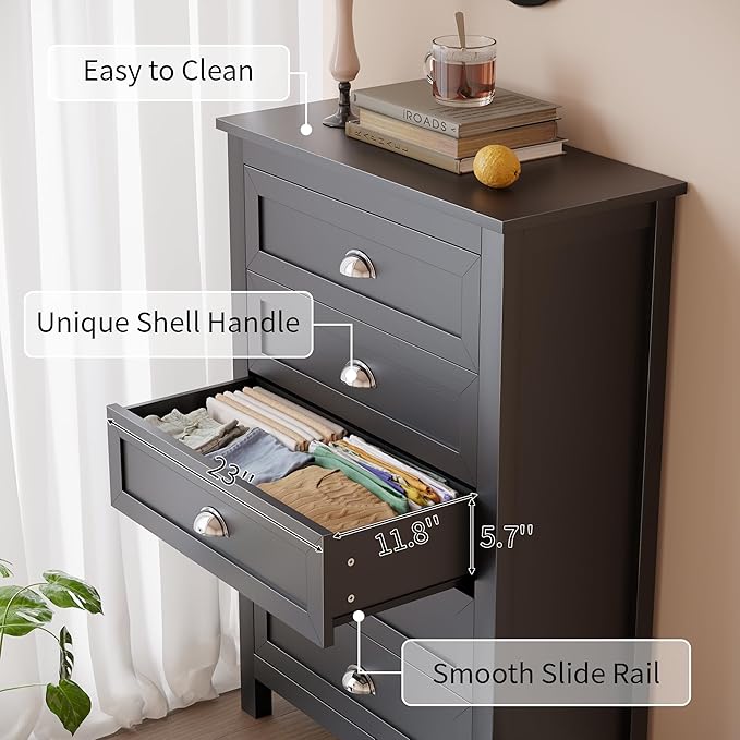 5 Drawer Dresser, Farmhouse Tall Dresser for Bedroom, Antique Black Chest of Drawers, Modern Dressers for Bedroom, Closet