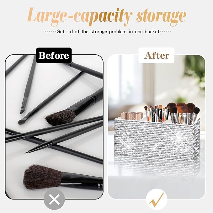 Bling Makeup Brush Holder Organizer, 3 Slot Sparkle Cosmetics Brushes Storage Holders with Shiny Crystal Rhinestones, Glitter Cute Pen and Pencil Holder for Desk, Eyeliners Display Case for Vanity