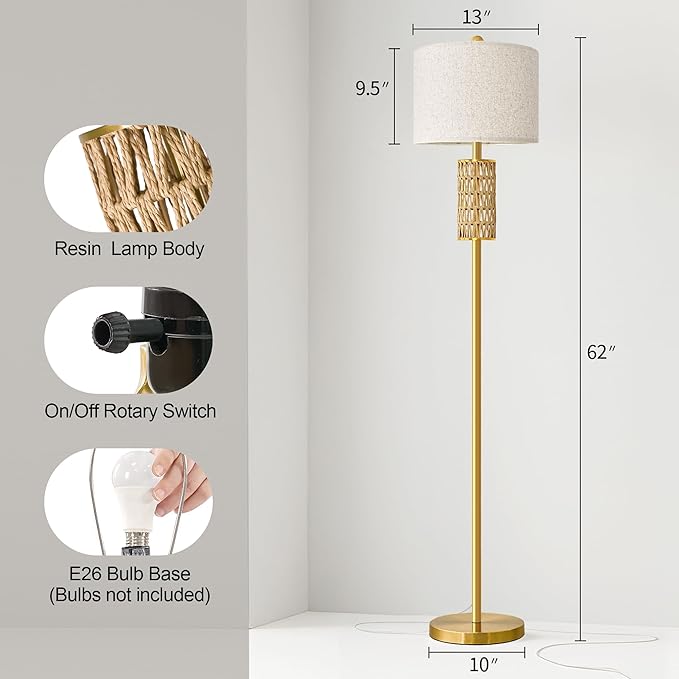 Oneach 62” Modern Floor Lamp for Living Room, Gold Boho Standing Lamp with Unique Rattan Design, Rotary Switch, Farmhouse Tall Lamps for Bedroom Office Dining Room (Without Bulb)