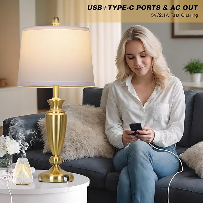 27'' Gold Table Lamps for Living Room, 3 Way Touch Control Bedside Lamps Set of 2 with USB A+C Ports, Modern Metal Nightstand Lamps for Bedroom Living Room Office End Table