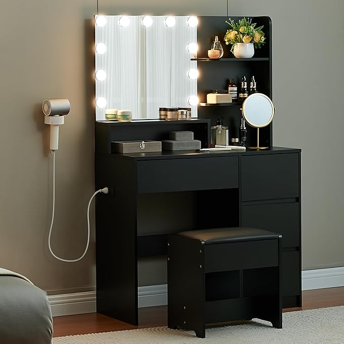 Black Vanity Desk with Mirror and Lights- Makeup Vanity Table Set with Power Outlet, 4 Drawers and Stool, Small Makeup Table with 3 Lighting Color Adjustable for Bedroom