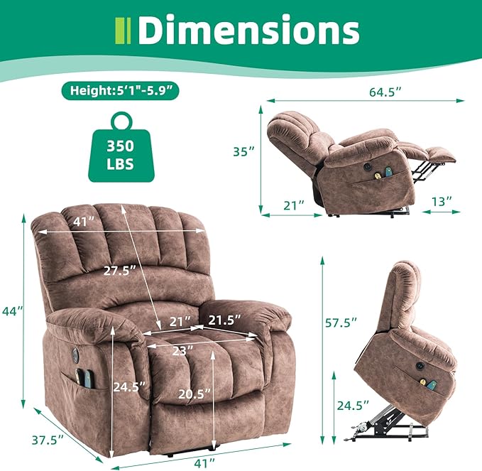 VIVIJASON Large Electric Power Lift Recliner Chair with Heat & Massage for Elderly People, Heavy Duty and Safety Motion Overstuffed Recliners with 2 Remote Controls, Side Pockets & USB Ports, Brown