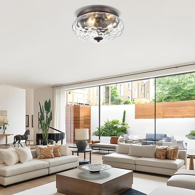 Darkaway Large Ceiling Light Fixtures, 3-Light Flush Mount Indoor Outdoor Ceiling Light with Water Ripple Glass Shade for Porch Hallway Kitchen Living Room Bronze Finish