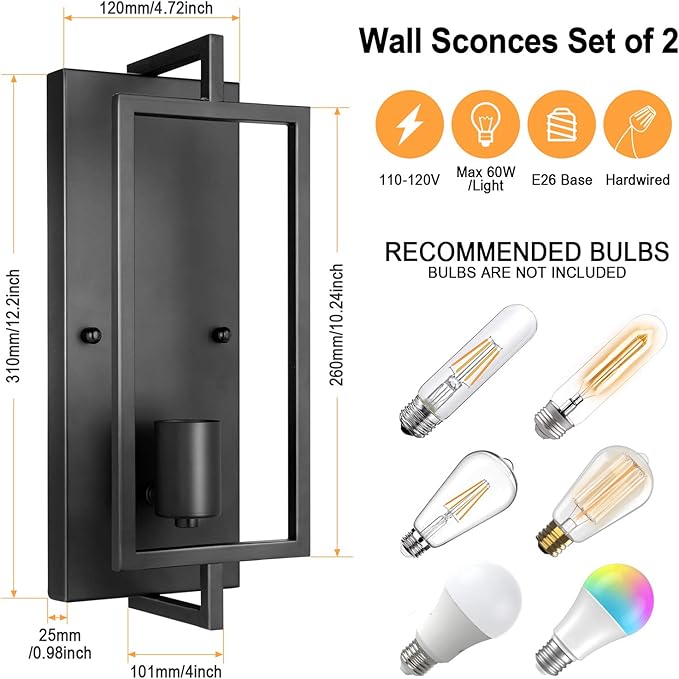 Industrial Wall Sconces Set of 2, Vintage Light Fixture, E26 Base, Matte Black Metal Wall Mount Lamp, Modern Indoor Lighting Hardwired