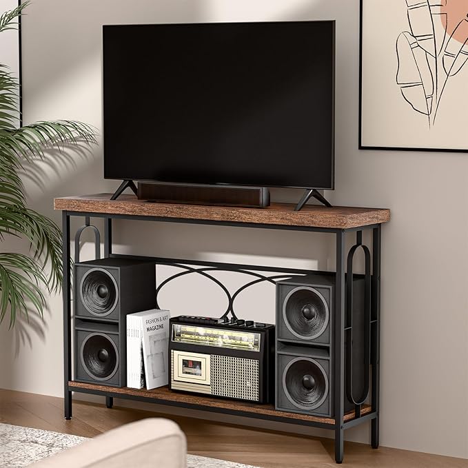 Industrial Console Table for Entryway, Rustic Console Table Behind Couch, 2 Tier Sofa Tables for Home Living Room, Hallway, Entrance, with Metal Frame(48 inches)