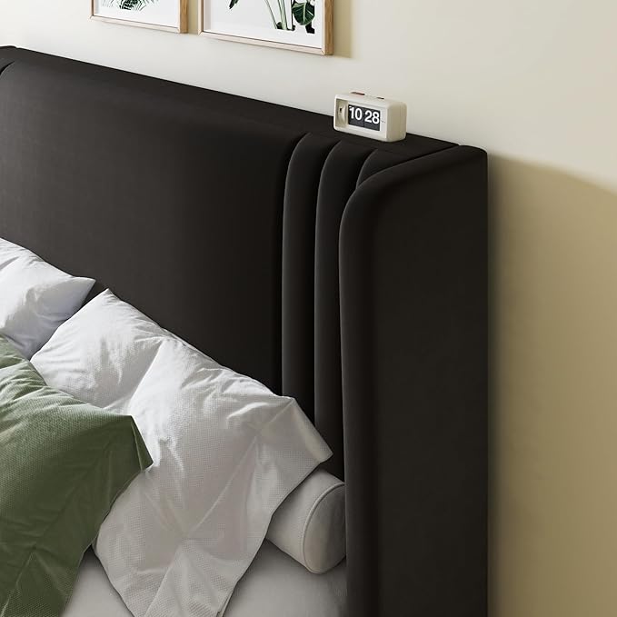 Allewie Full Size Velvet Platform Bed Frame with Vertical Tufted Wingback Headboard, Easy Assembly, Under Bed Storage, No Box Spring Required, Modern Style, Black