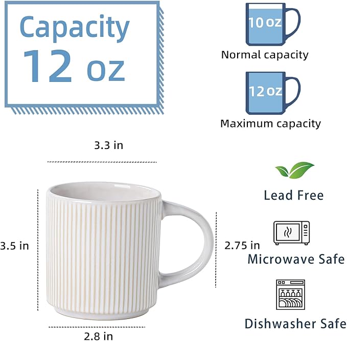 Coffee Mugs Set of 4, 12 OZ Ceramic Coffee Mugs with Handle, Vertical Stripes Coffee Cups Set for Latte/Tea/Cocoa/Milk, Microwave and Diahwasher Safe (Beige)