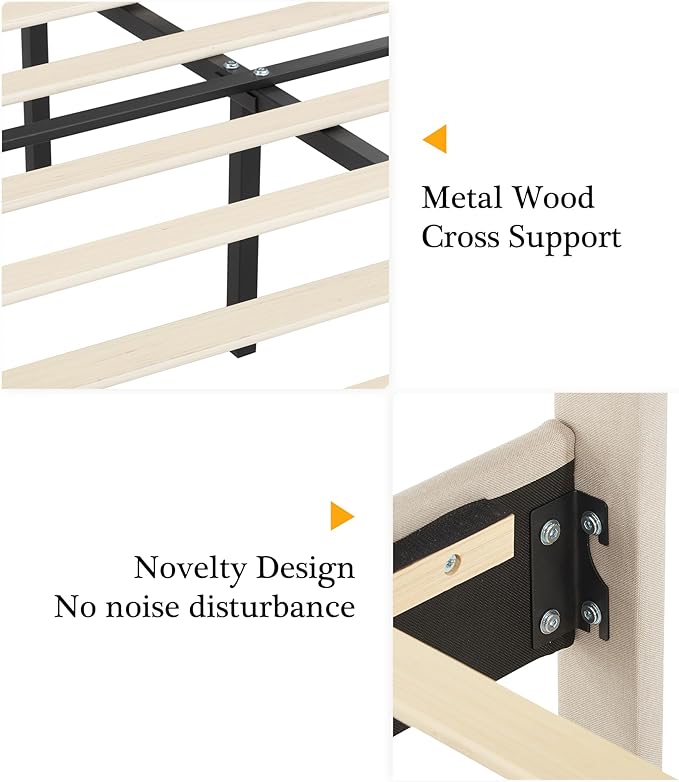 VECELO Twin Size Platform Bed Frame with Fabric Upholstered Headboard and Wooden Slats Support, No Box Spring Needed/Easy Assembly,Beige