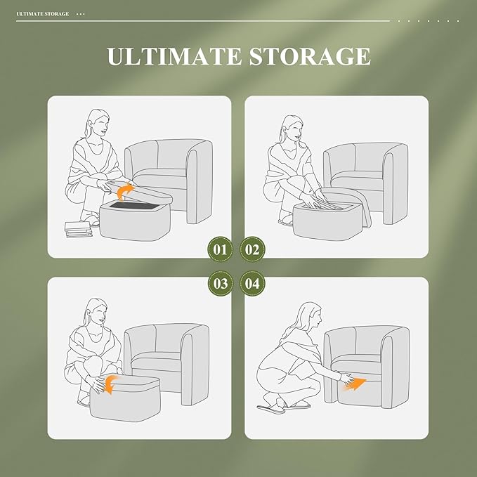 COLAMY Morden Velvet Barrel Accent Chair with Storage Ottoman Set of 2, Upholstered Living Room Side Chair, Single Sofa Armchair with Lounge Seat for Bedroom/Office/Reading Spaces, Green