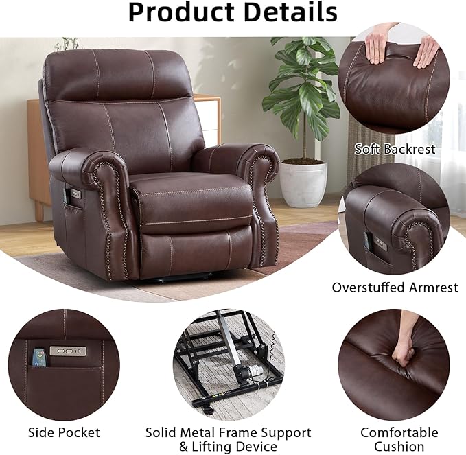 Phoenix Home Genuine Leather Power Lift Recliner Chair for Elderly with Massage and Heating, Electric Recliner for Seniors with Extended Footrest, Type-C and USB Port, Side Pocket, Brown