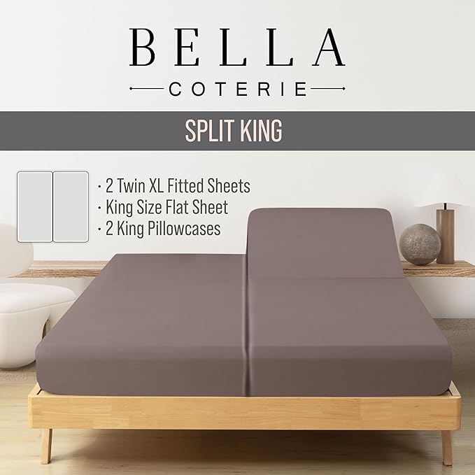 Bella Coterie Luxury Bamboo Viscose Split King Size Sheet Set | 100% Organically Grown | Ultra Soft | Cooling for Hot Sleepers | 18" Deep Pocket [Mocha]