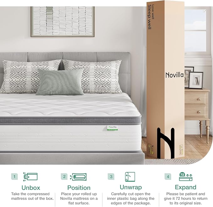 Novilla Queen Mattress, 12 Inch Hybrid Mattress Queen Combine Innerspring and Comfort Foam Layer, Pressure Relief & Motion Isolation, Medium Firm Feel