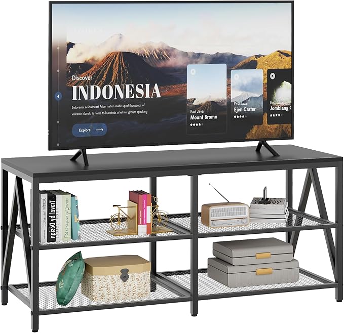 TV Stand for TVs up to 60 Inch, 43" Long Industrial TV Console Table with 3-Tier Storage Shelves, Entertainment Center for Living Room, Bedroom (Black)