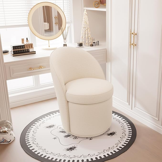 YOUNIKE Vanity Bench Boucle Fabric White Solid Wood Swivel Accent Chair with Backrest Easy Assembly Dressing Stool for Bedroom & Makeup Room