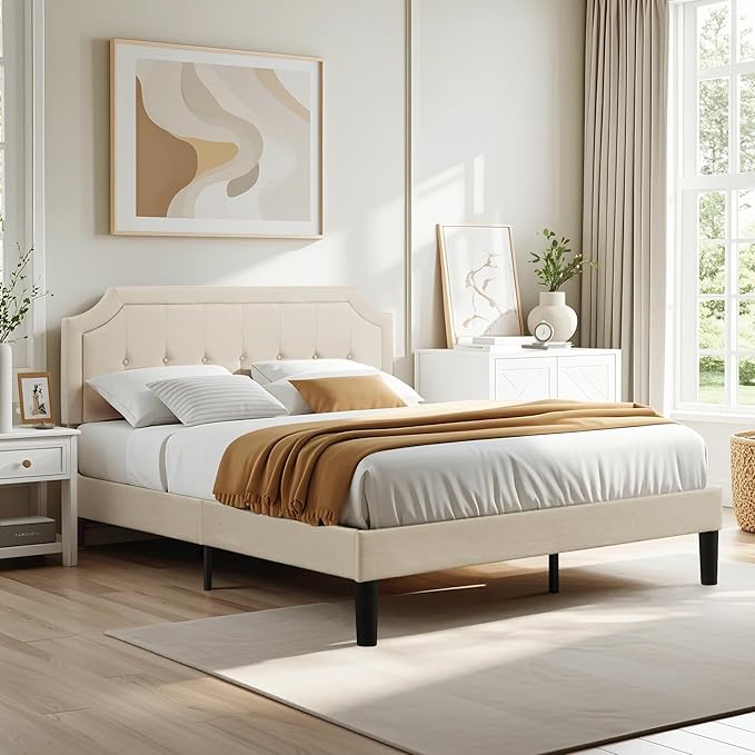 VECELO Full Size Platform Bed Frame with Fabric Upholstered Headboard and Wooden Slats Support, No Box Spring Needed/Easy Assembly,Beige