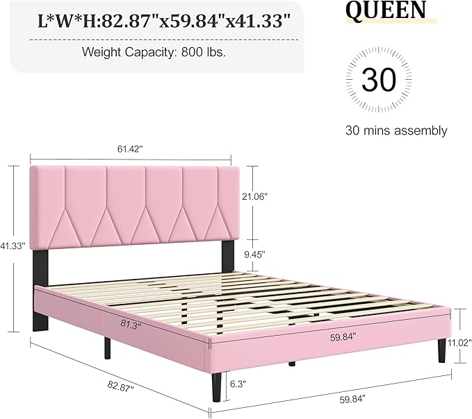 Queen Size Bed Frame, Platform Bed Frame with Velvet Upholstered Headboard, Queen Upholstered Mattress Foundation with Strong Wooden Slats, No Box Spring Needed, Noise Free, Easy Assembly