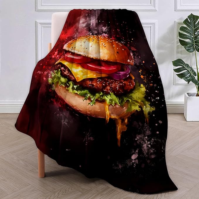 Juicy Cheeseburger Flannel Blanket, Hamburger Gifts, Food-Themed Blanket for Women, Soft Lightweight Throw Blankets for Bed Home Travel Decor 60" x 80"