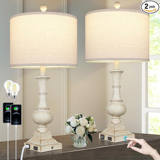26" Farmhouse Table Lamps Set of 2, Rustic Touch Control Bedside Lamps with 2 USB Ports & AC Outlet, Vintage White Resin 3-Way Dimmable Nightstand Lamp Linen Fabric Shade for Living Room Bedroom Decor
