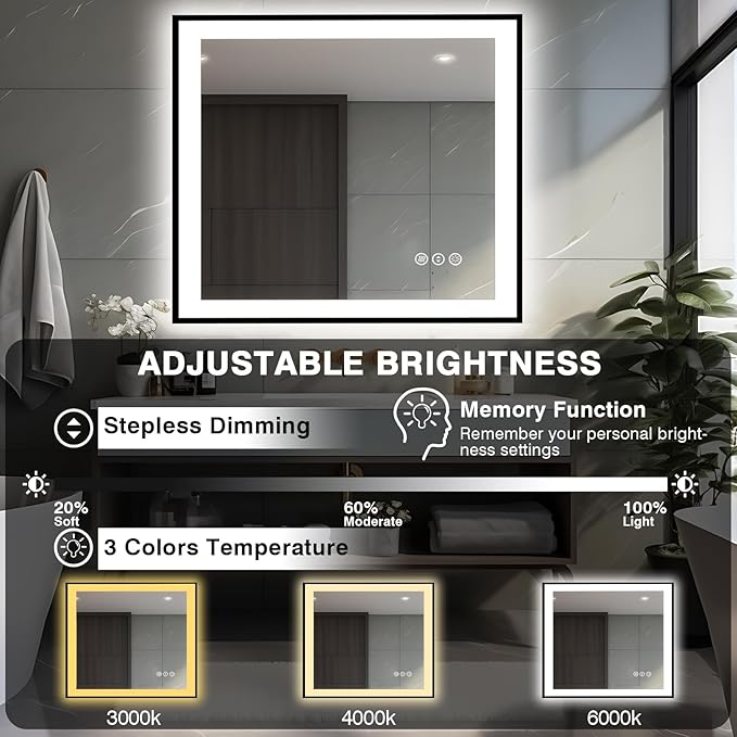40x38 Lighted Mirrors for Bathroom Wall - Black Aluminum Framed (Front and Backlit), Anti-Fog LED Vanity Mirror, Shatter-Proof Lighted Mirror, 3 Colors Memory Mirror (Horizontal/Vertical)