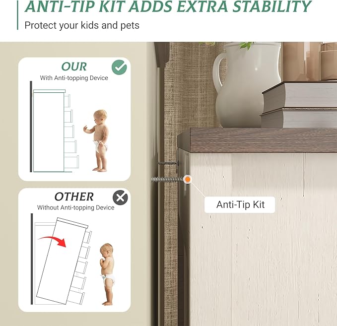 Maupvit 6 Drawer Dresser, 43" Tall Chest of Drawers for Bedroom, Farmhouse Dresser with Large Drawers & Metal Ring Pull Handles, Wood Dressers for Living Room, Hallway, Entryway, Antique White