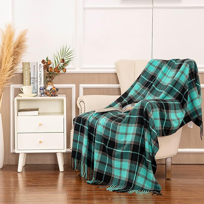 Gealaek Decorative Faux Cashmere Throw Blanket with Fringe Green and Black Plaid Lightweight Fuzzy Soft Cozy Throws for Sofa Bed Farmhouse Throw Blanket 50" x 60"