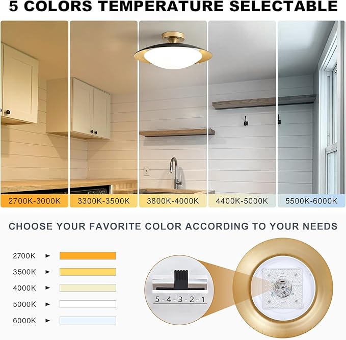 Dimmable Mid Century Modern Semi Flush Mount Ceiling Light with Acrylic Shade,Black Gold LED Ceiling Light,5CCT 2700K-6000K Light Fxiture for Hallway Bedroom Kitchen Laundry Room Living Room 15.7 in