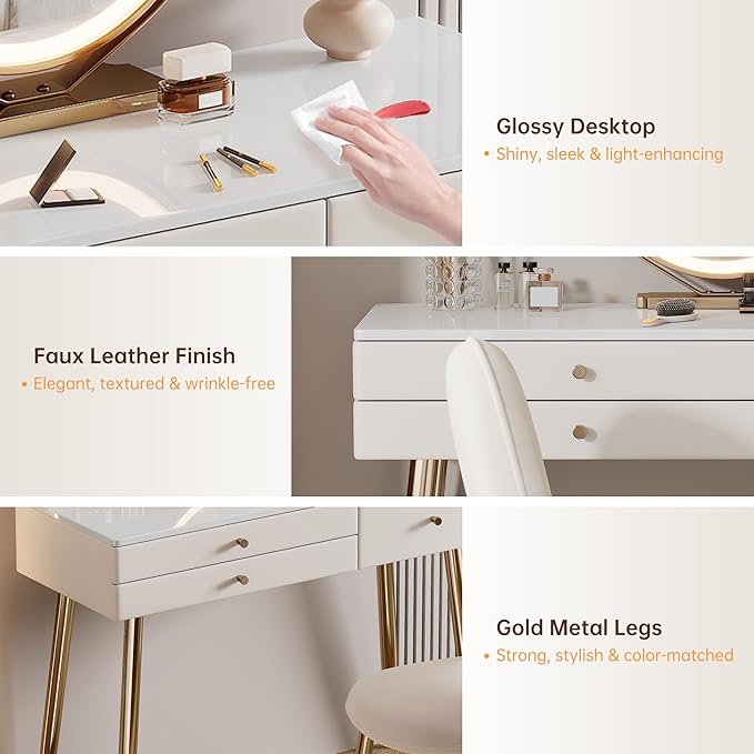 Modern Vanity Desk with Mirror and Lights, 39" Gray Makeup Vanity Set with Adjustable Chair & Drawers, White and Gold Dressing Table for Small Spaces & Bedroom