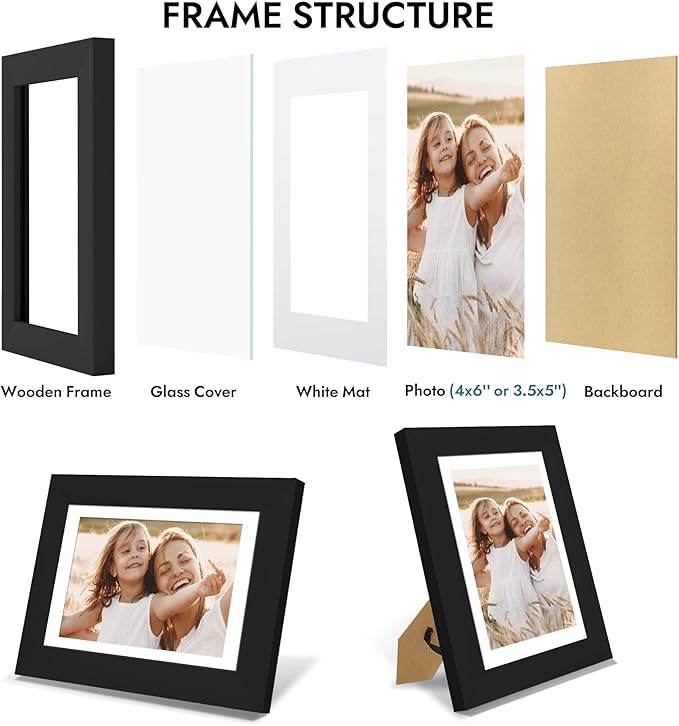 4x6 Picture Frame with Glass, Display Pictures 3.5x5 with Mat or 4 x 6 without Mat - Wall and Tabletop, 4 by 6 Photo Wooden Frames (Black, 1 Pack)