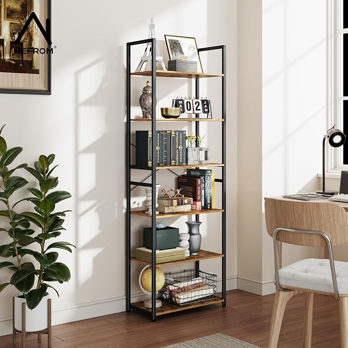 Book Shelf, Adjustable 6-Tier Tall Bookshelf, Wooden Bookcase Shelves for Bedroom, Living Room, Display Shelf for Home, Office, Kitchen, Standing Shelving Unit Storage Organizer BC-BR-6