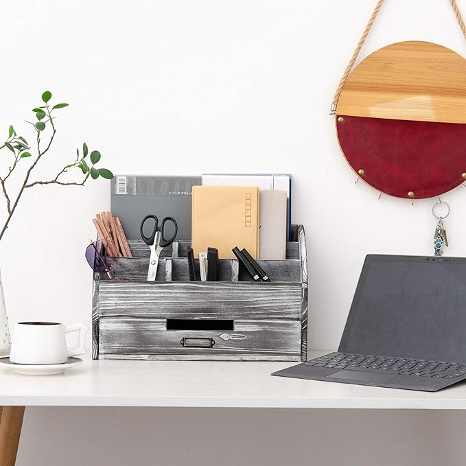 Distressed Rustic Wooden Office Desk Organizer 5 Compartment with 2 Drawer &Counter Desk Tabletop Desktop Mail Rack , Pens, Notebooks, Folders, Pencils and Office Supplies (grey)