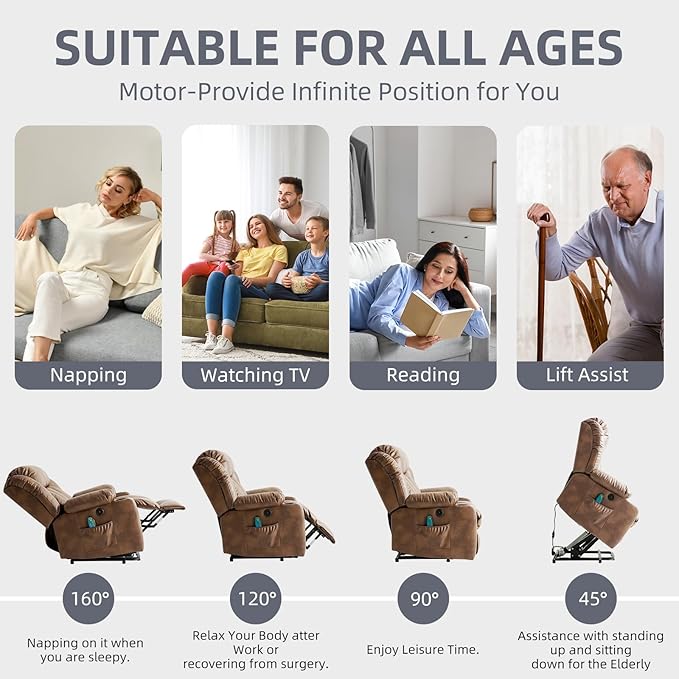 Power Lift Recliner Chair for Elderly, Electric Recliner Chairs for Adults with Massage and Heat, Cup Holders, Remote Control, USB Ports, Side Pockets, Leather (Ochre)