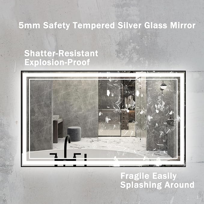 55" x 32" LED Bathroom Mirror with Lights Framed LED Mirror for Bathroom Backlit and Front Lighted Bathroom Mirror Black Square Aluminum Frame Anti-Fog Dimmable Vanity Adjustable Memory