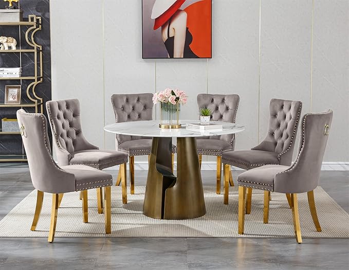 7-Piece Faux Marble Round Dining Table Set for 6, Modern Luxury Kitchen Table Set for 6 with Grey Tufted Chairs,Circle Dining Tables with White Marble Grain Top and Bronze Pedestal Base