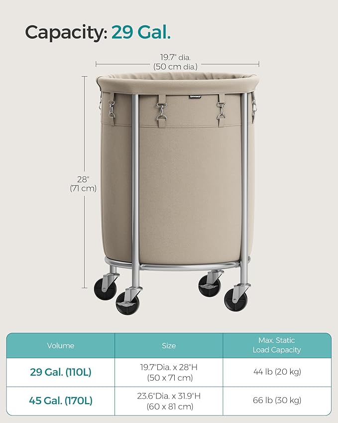 SONGMICS 29-Gallon (110 L) Laundry Basket with Wheels, Rolling Round Heavy-Duty Laundry Hamper Cart with Steel Frame and Removable Bag, 2 Locking Wheels, Camel Brown and Metallic Silver URLS002N01