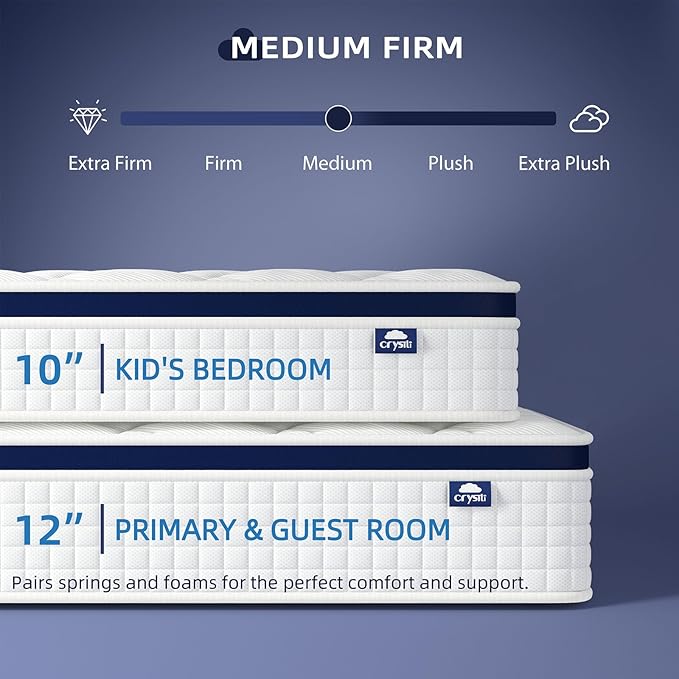Crystli Twin Size Mattress, 12 Inch Memory Foam Mattress Bed in A Box, Innerspring Hybrid Twin Size for Pressure Relief, Medium Firm, CertiPUR-US Certified