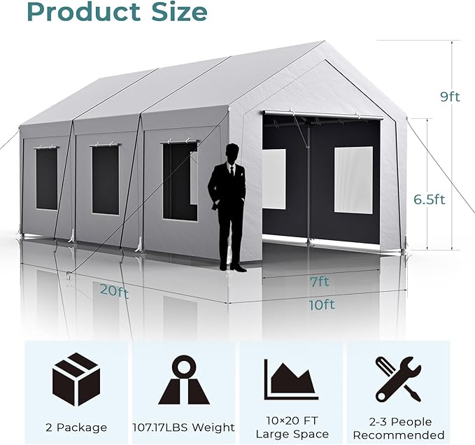 Carport 10x20 ft Heavy Duty, Car Port with Reinforced Steel Frame and 6 Roll-up Windows, Portable Garage with Sturdy Ground Nails, Waterproof All-Season Car Canopy for Boat, Truck, Grey