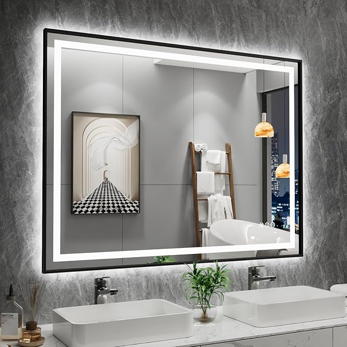 Amorho 40" X30" LED Bathroom Mirror with Black Frame, Front Light and Backlit, Stepless Dimmable, Anti-Fog, Shatter-Proof, Memory, 3 Colors, Double LED Vanity Mirror