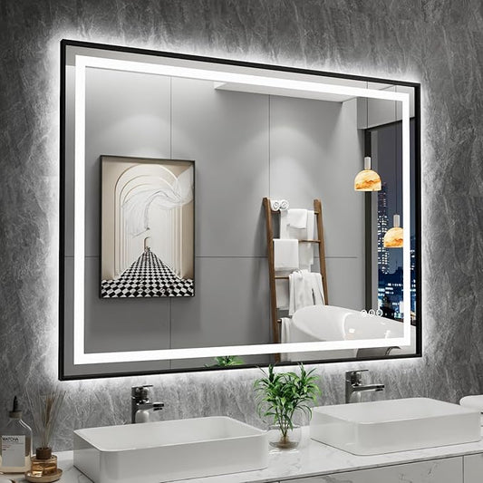 Amorho 40" X30" LED Bathroom Mirror with Black Frame, Front Light and Backlit, Stepless Dimmable, Anti-Fog, Shatter-Proof, Memory, 3 Colors, Double LED Vanity Mirror