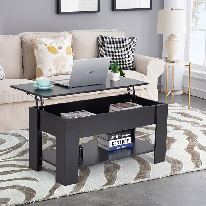 FDW 39.4" Lift Top Coffee Table with Hidden Compartment and Storage Shelf Wooden Lift Tabletop for Home Living Room Reception Room Office (Black)