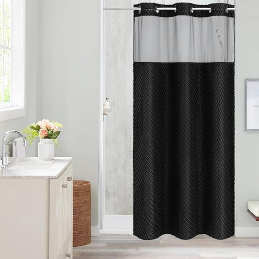 Black Boho Small Stall Shower Curtain 36 x 74, No Hook Half Size Narrow Modern Fabric Shower Curtain with Snap in Liner, Hotel Style with See Through Top Window