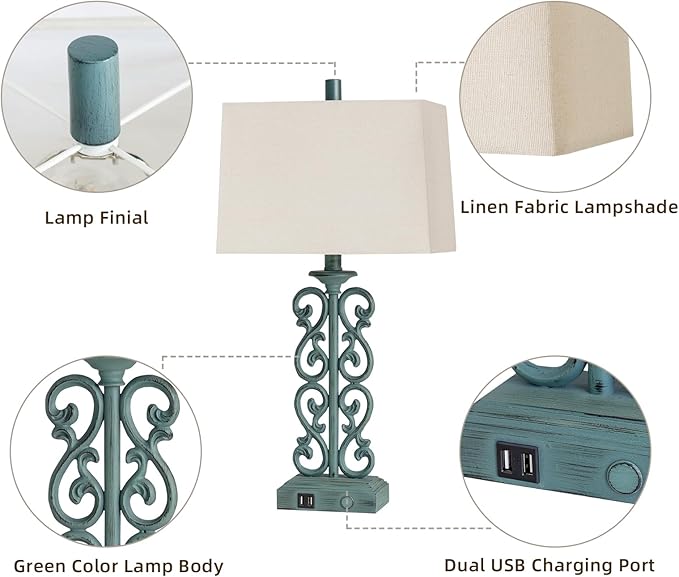 25" Set of 2 Touch Vintage Resin Table Lamps for Living Room, 3-Way Dimmable Nightstand Lamp with 2 USB Ports, Farmhouse Rustic Bedside Lamp for Entryway Bedroom End Table, 2 LED Bulb Included