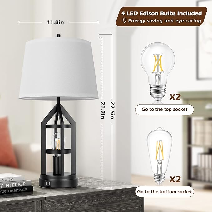 BesLowe 2-Light Farmhouse Touch Table Lamps, 3-Way Dimmable Bedside Lamps with 2 USB Ports for Bedroom, Rustic End Table Lamps for Living Room with White Shades, 4 LED Bulbs Included, Set of 2