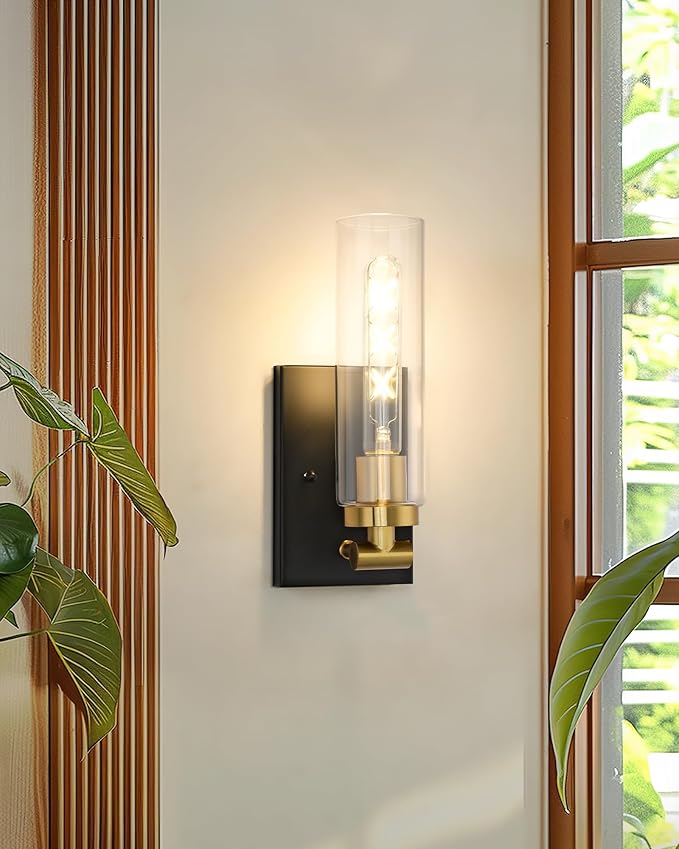 Emak Black and Gold Wall Sconces Set of Two, Modern Wall Sconce with Clear Glass Shade, Farmhouse 2 Light Bathroom Vanity Light for Living Room, Bedroom, Gallery, WS086-BKBGD-CG-2PK