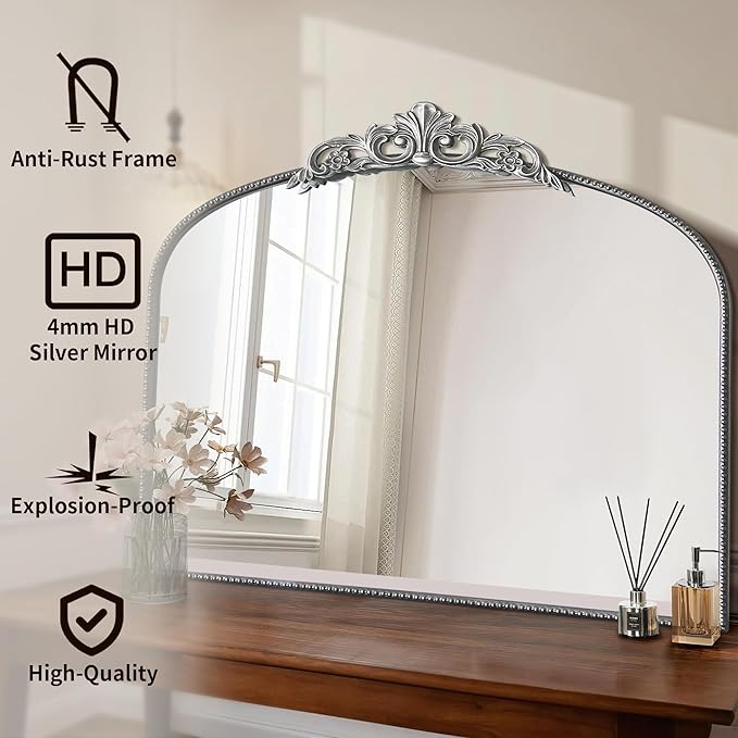 Micasso Antique Silver Wall Mirror, 40"x30" Metral Framed Arch Baroque Ornate Mantel Mirror for Bathroom, Entryway, Living Room
