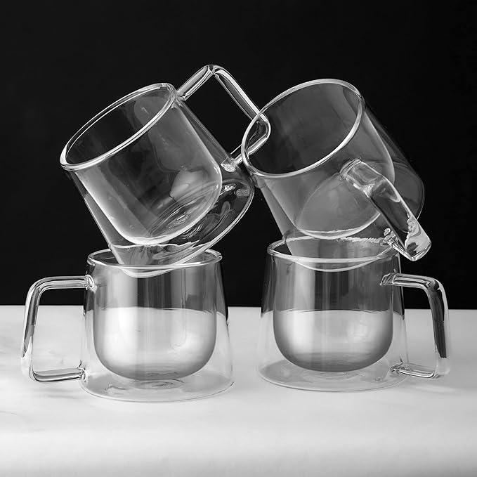 LEMONSODA Double Walled Glass Coffee Drink Mug with Handle - Set of 4 (250 mL / 8.5 fl. oz) Insulated Thermal Mugs Glasses For Tea, Coffee, Latte, Cappucino, Cafe, Milk - Housewarming Gifts